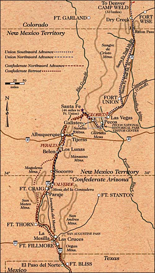 map showing the locations of Civil War skirmishes in New Mexico