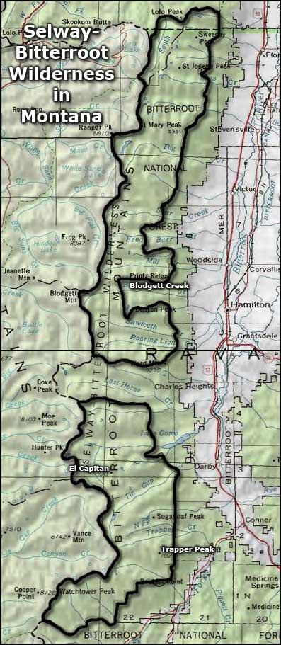 Area map of the Selway-Bitterroot Wilderness in Montana