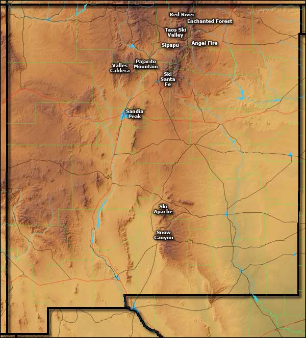 Locations of the ski and snowboard areas in New Mexico