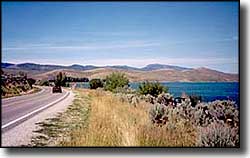 Driving along the shore of Bear Lake on the Bear Lake Scenic Byway