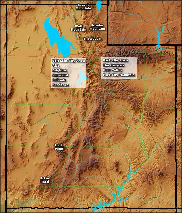 Locations of the Ski and Snowboard areas in Utah