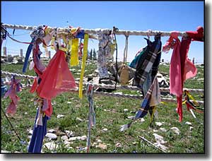 Pieces of cloth tied to the ropes at the Medicine Wheel National Historic Landmark